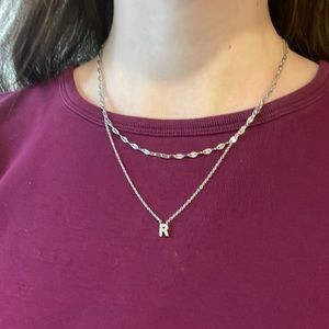 Layered Initial R Necklace with White Gems, Double White Gold Chain